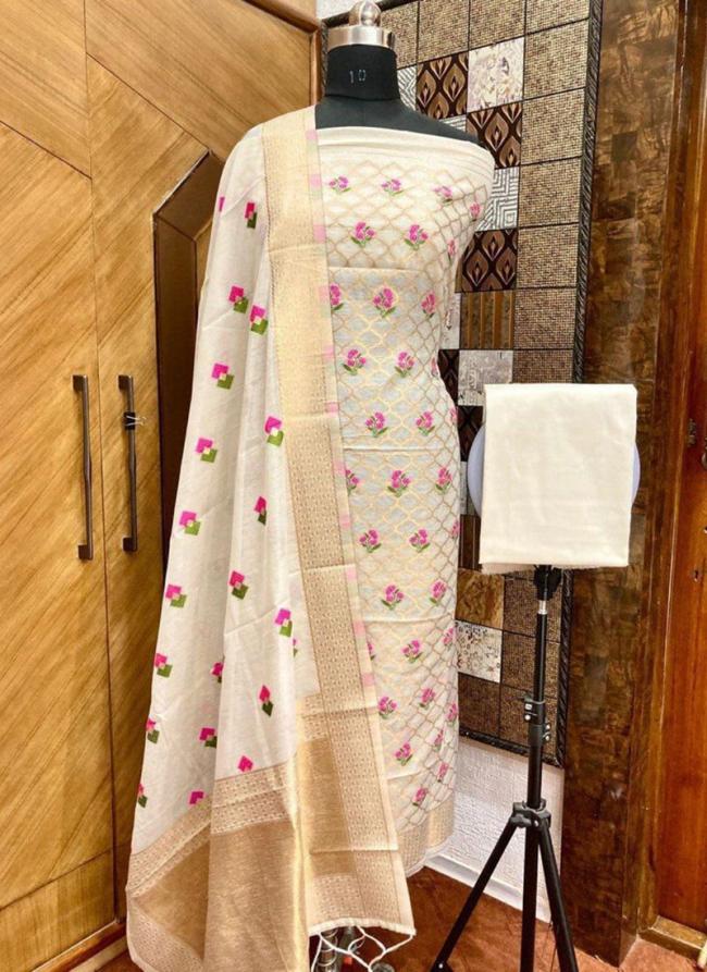 Pure Chanderi Cream Casual Wear Weaving Dress Material